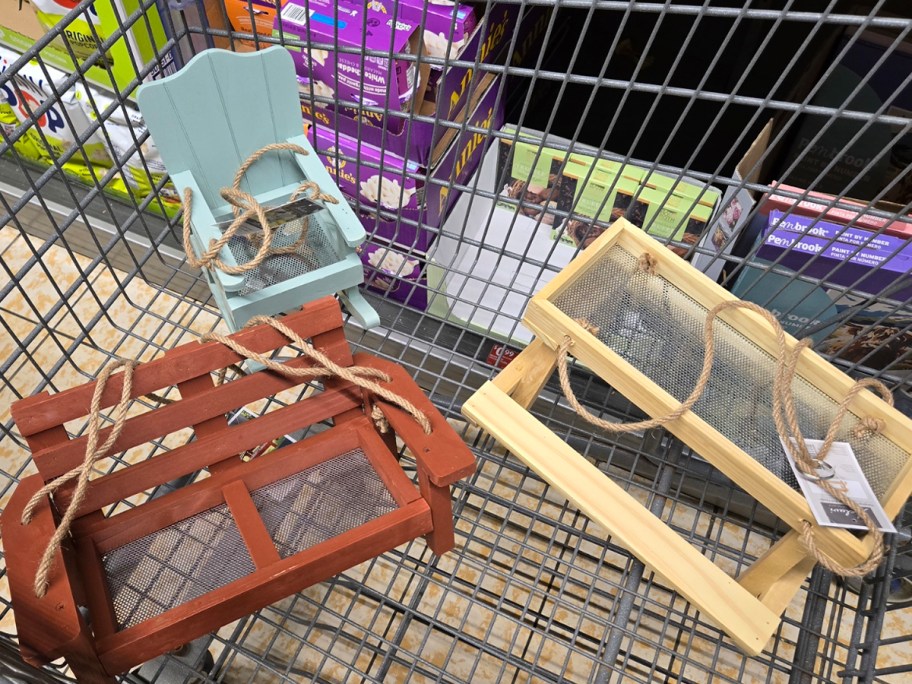 bench, picnic table, and adirondak chair bird feeders 