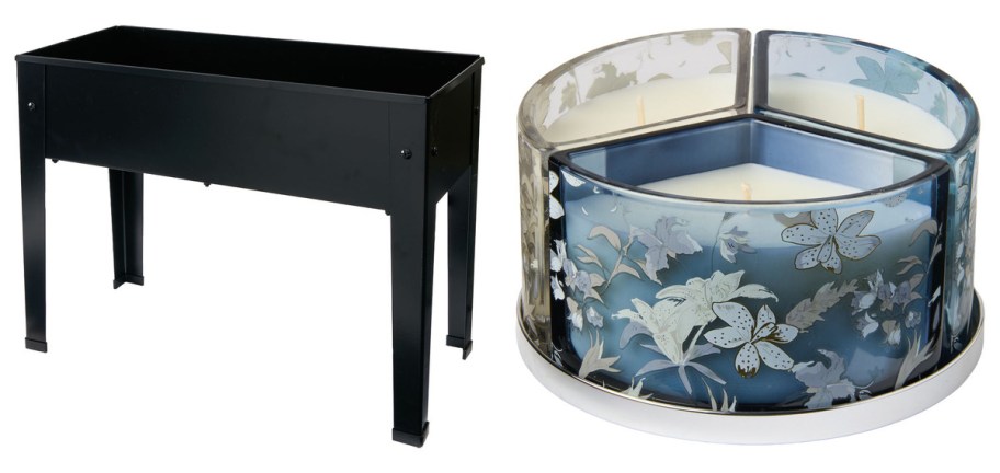 black planter and blue candle 