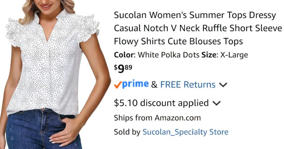 woman wearing white shirt next to Amazon pricing information
