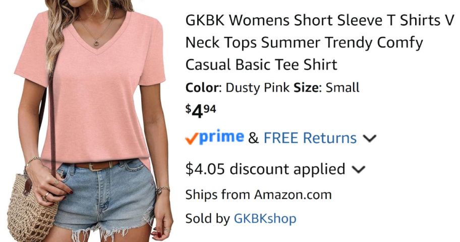 woman wearing pink tee shirt next to Amazon pricing information