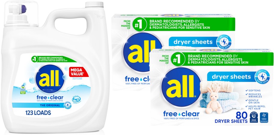 all laundry detergent and two boxes of dryer sheets