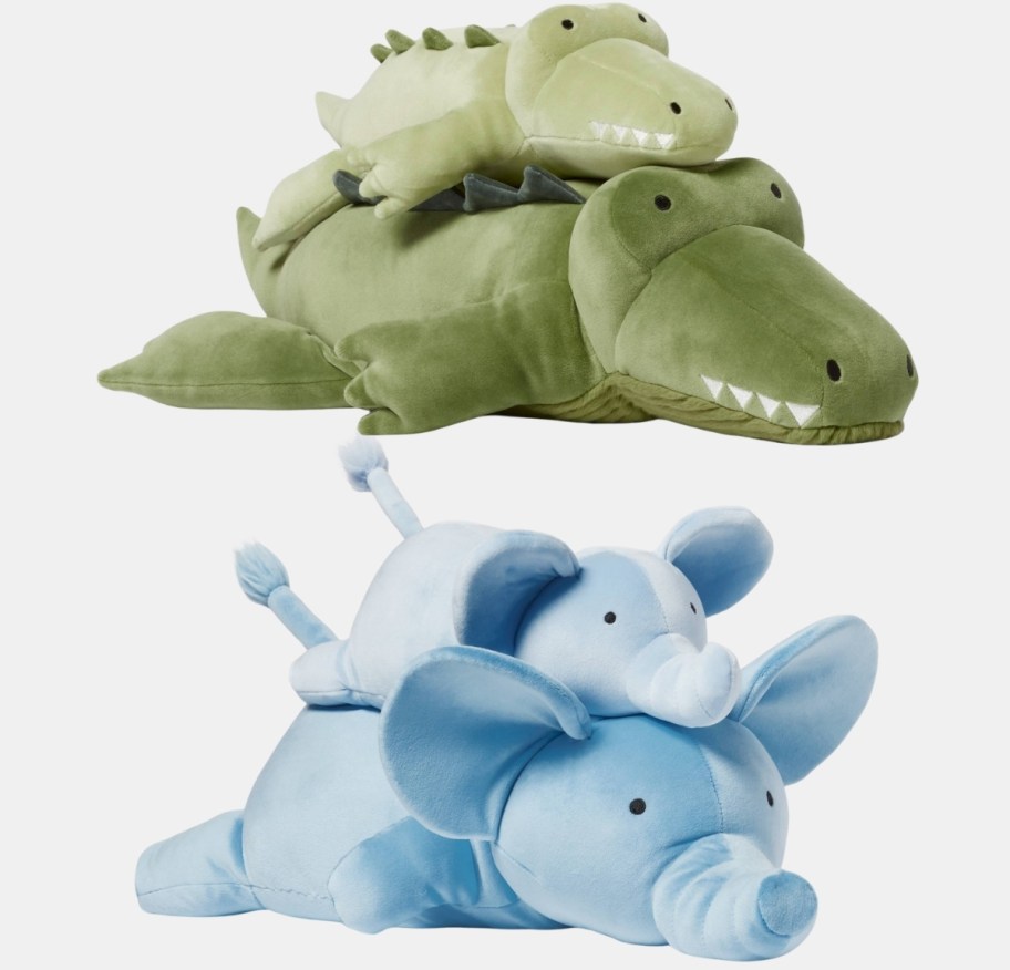 alligator and baby and e;ephant and baby weighted plush throw pillows