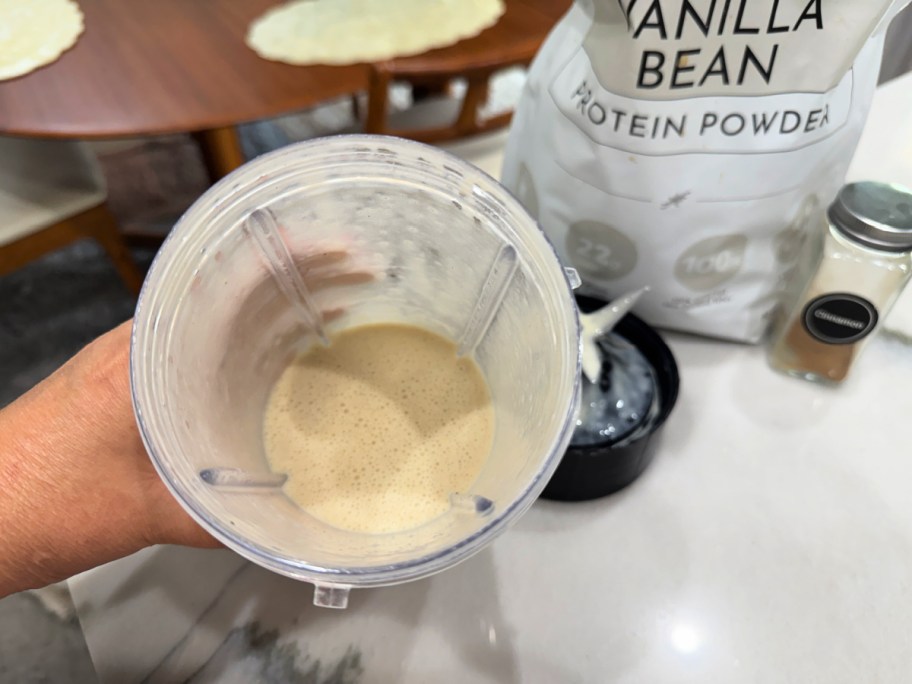 almond milk banana and protein powder blended