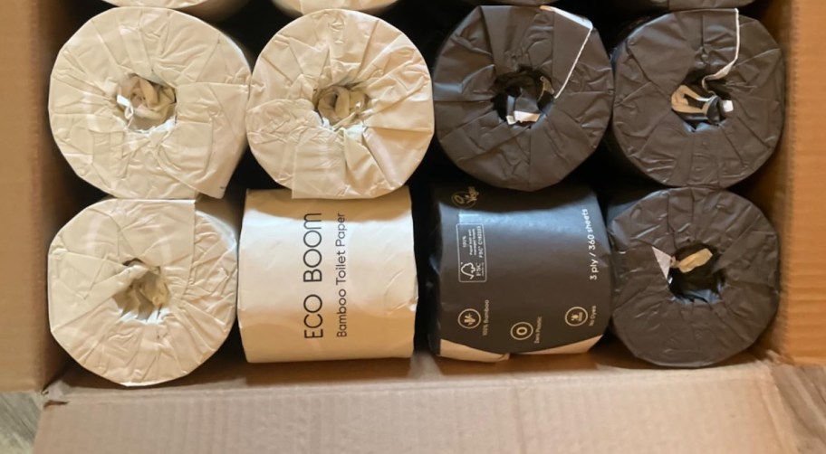 Rolls of Eco boom bamboo toilet paper in box