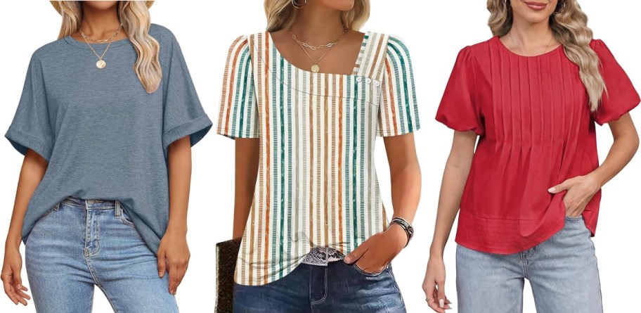 Three women are shown wearing casual tops. The left wears a loose blue tee, the middle has a striped top, and the right wears a red blouse. All paired with jeans.