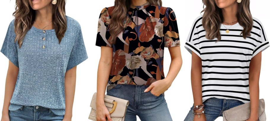 Three women wearing casual tops. Left: blue short-sleeve knit, middle: floral pattern, right: white with black stripes. All wear jeans.