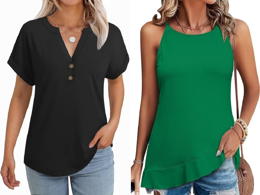 Two women are shown side-by-side wearing casual tops. The left woman wears a black V-neck shirt with buttons and jeans. The right woman wears a sleeveless green top with a ruffled edge and denim shorts. Both have light brown hair and are accessorized with bracelets and necklaces.