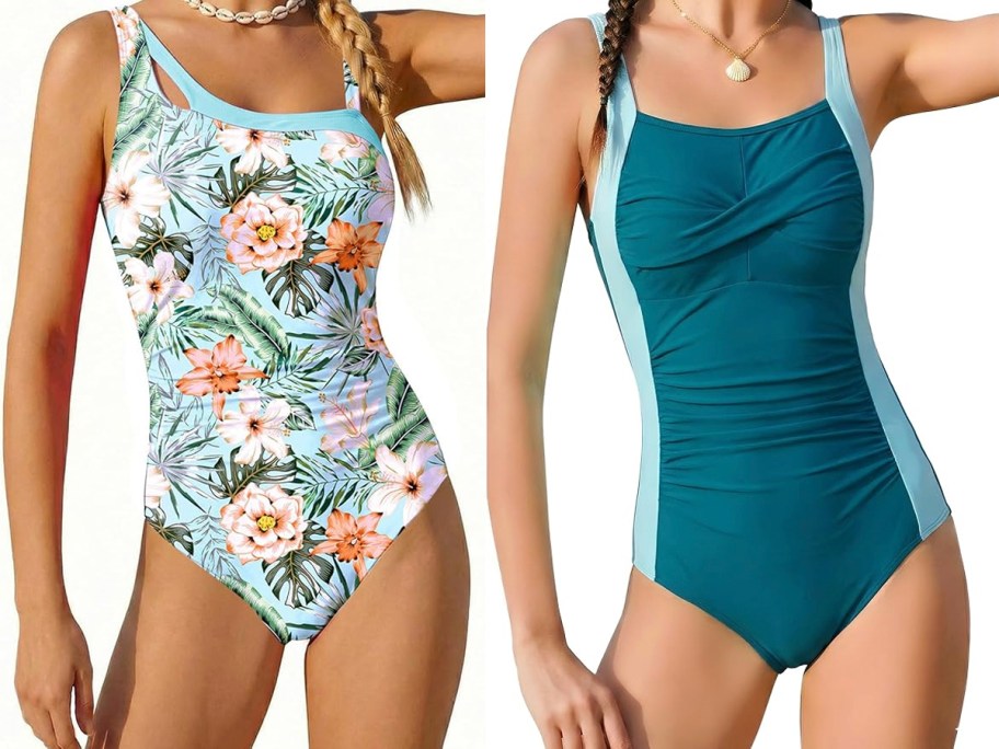 teens wearing floral and teal swimsuits 
