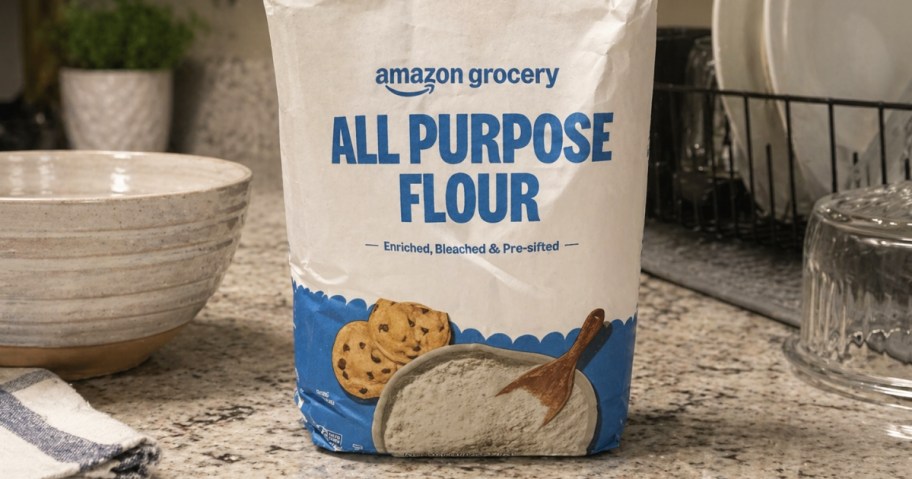 a bag of Amazon Grocery Flour on a kitchen counter