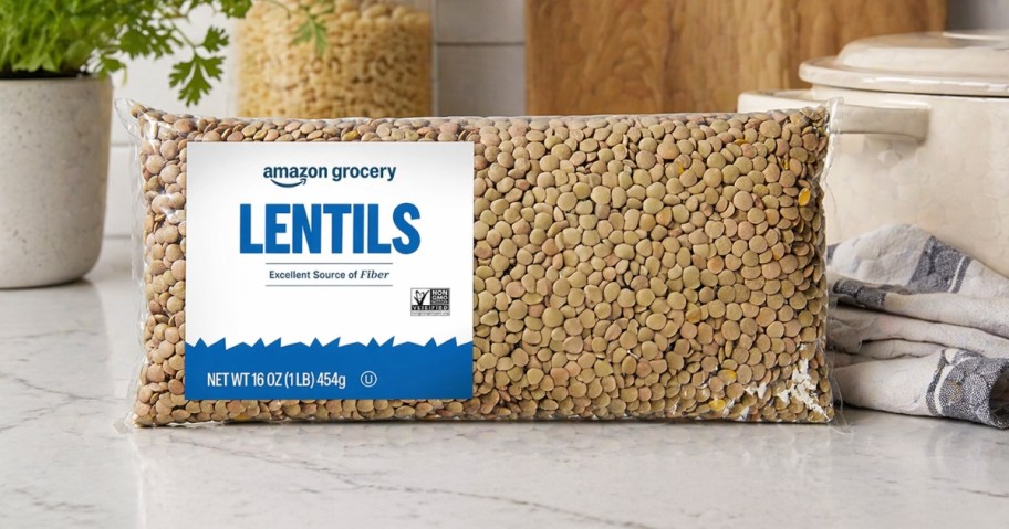 a bag of Amazon Grocery Lentils on a counter