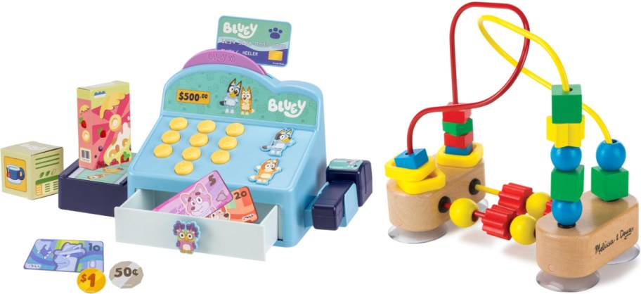 bluey cash register and bead maze toy