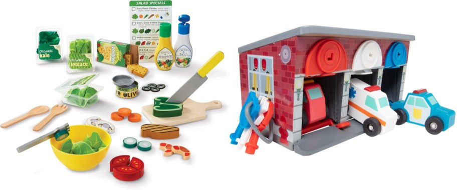 salad playset and wooden cars playset 