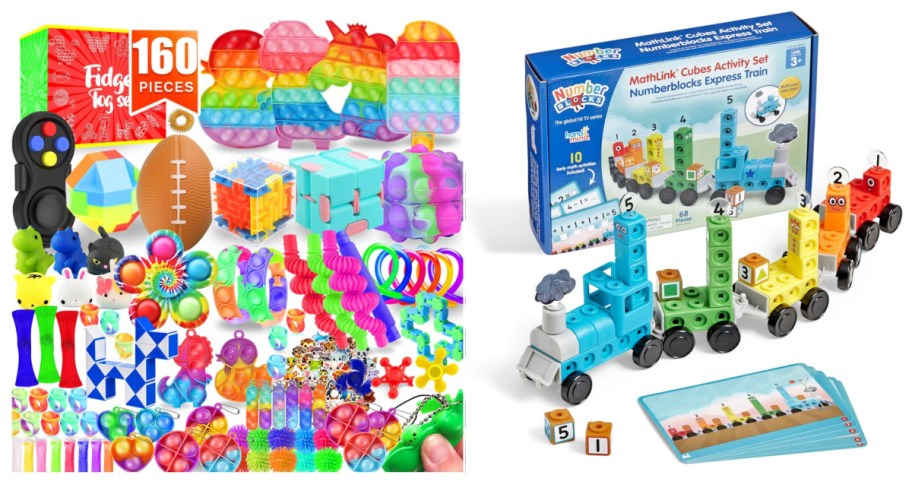 many rainbow fidget toys and number blocks