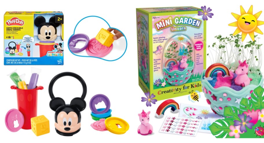 mickey mouse playdoh set and unicorn garden set