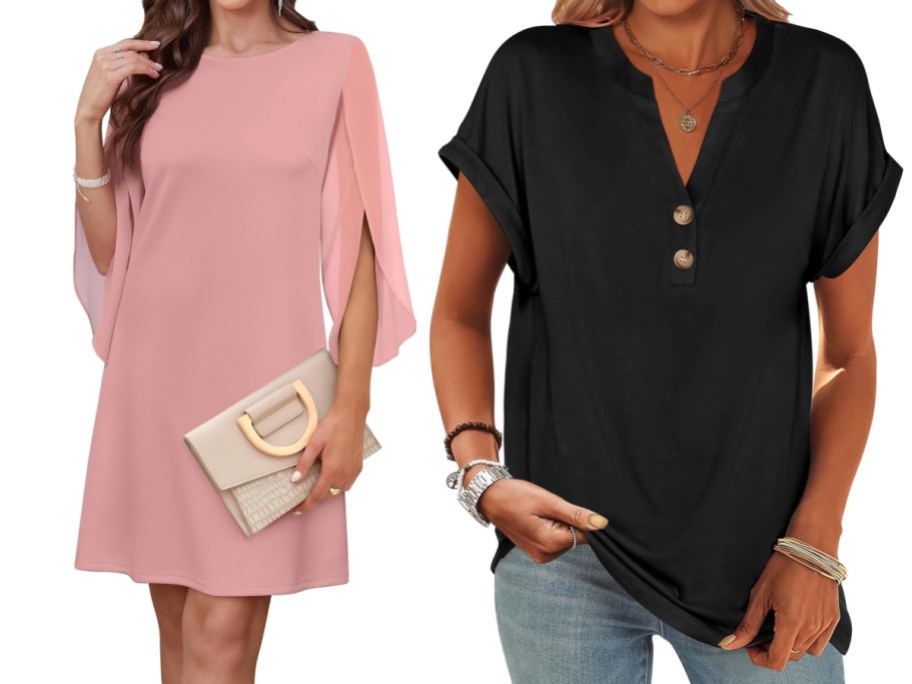 woman in pink dress and black button shirt