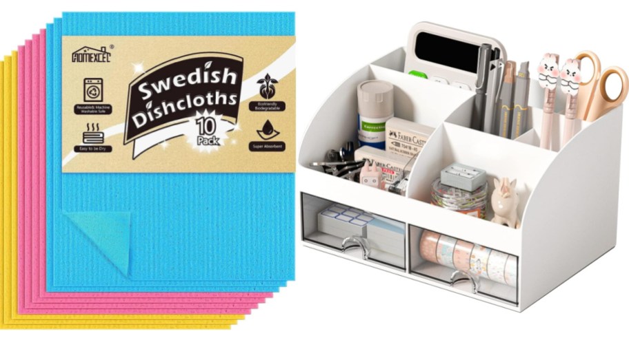 many colorful dish cloths and white desk organizer