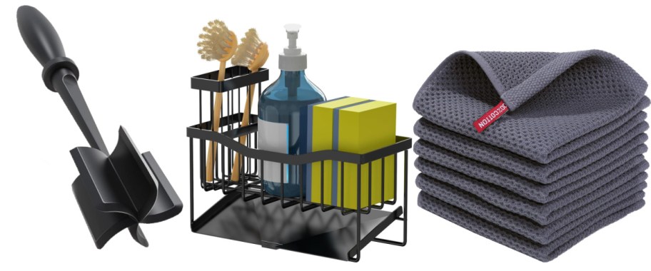 meat grinder, sink caddy, and stack of dish towels