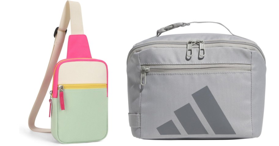 pink sling bag and grey lunch box