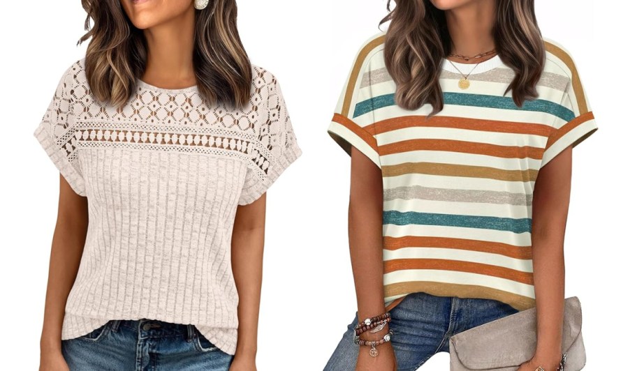 women in white lace shirt and striped shirt