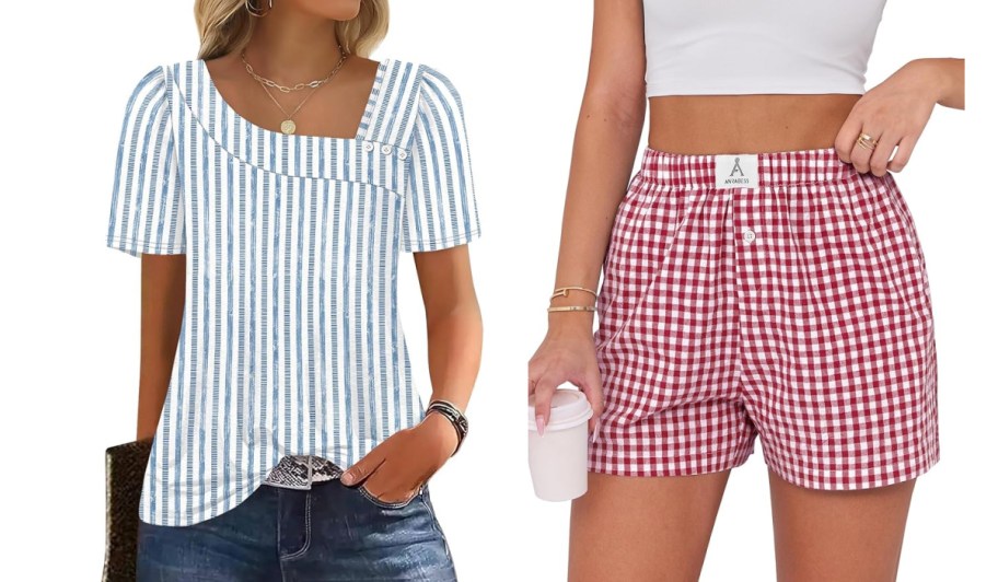 woman in blue stripe shirt and red plaid boxer shorts