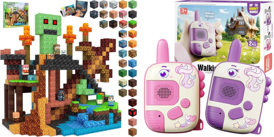 100 square magnetic blocks and pink and purple unicorn walkie talkie