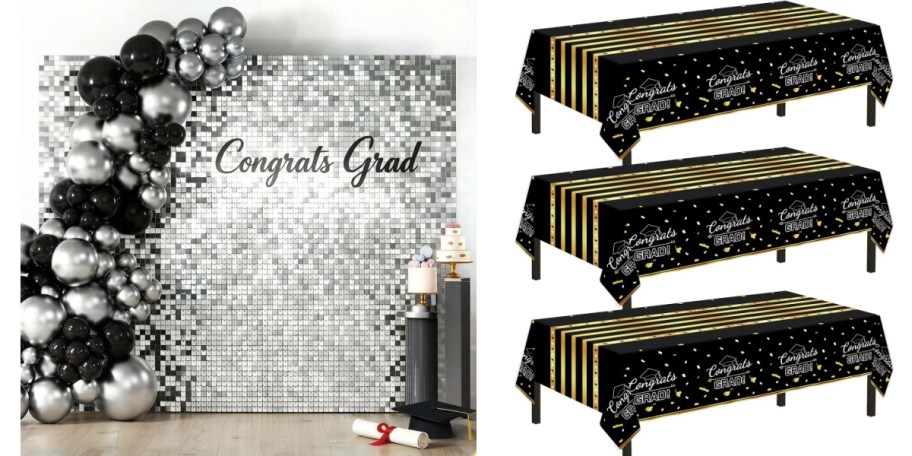 silver shimmer backdrop and 3 black tablecloths