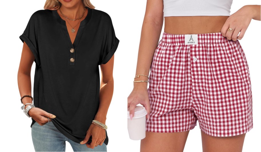 women in black shirt and red gingham shorts