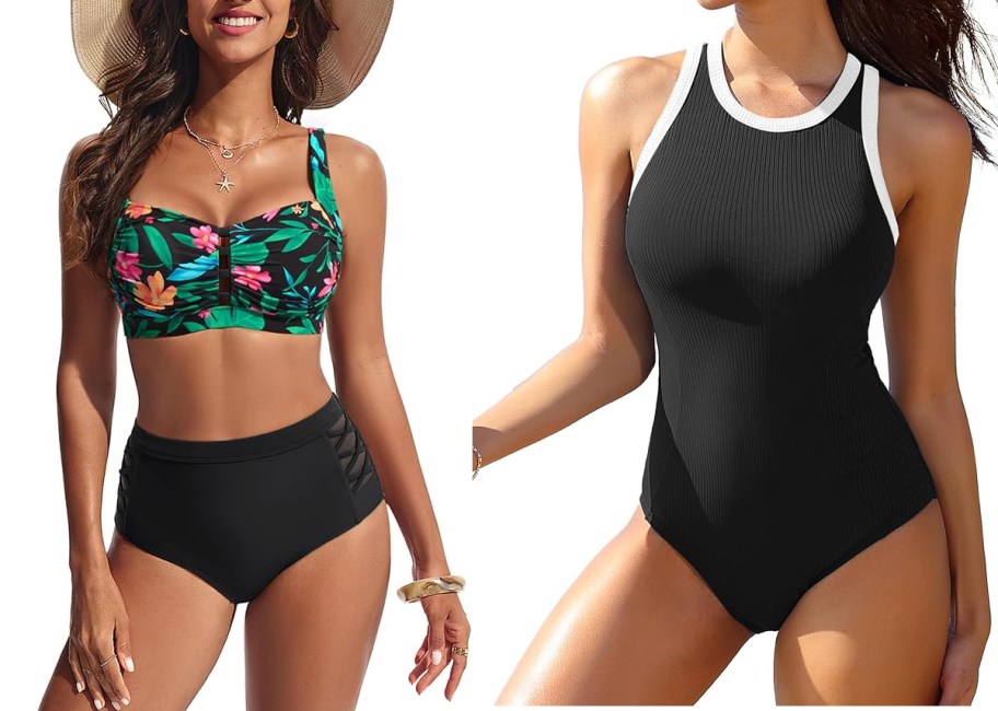 women wearing black swimsuits
