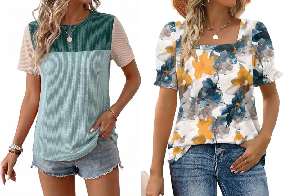 Two women in casual tops and denim shorts. One wears a color-block t-shirt and the other a floral blouse.