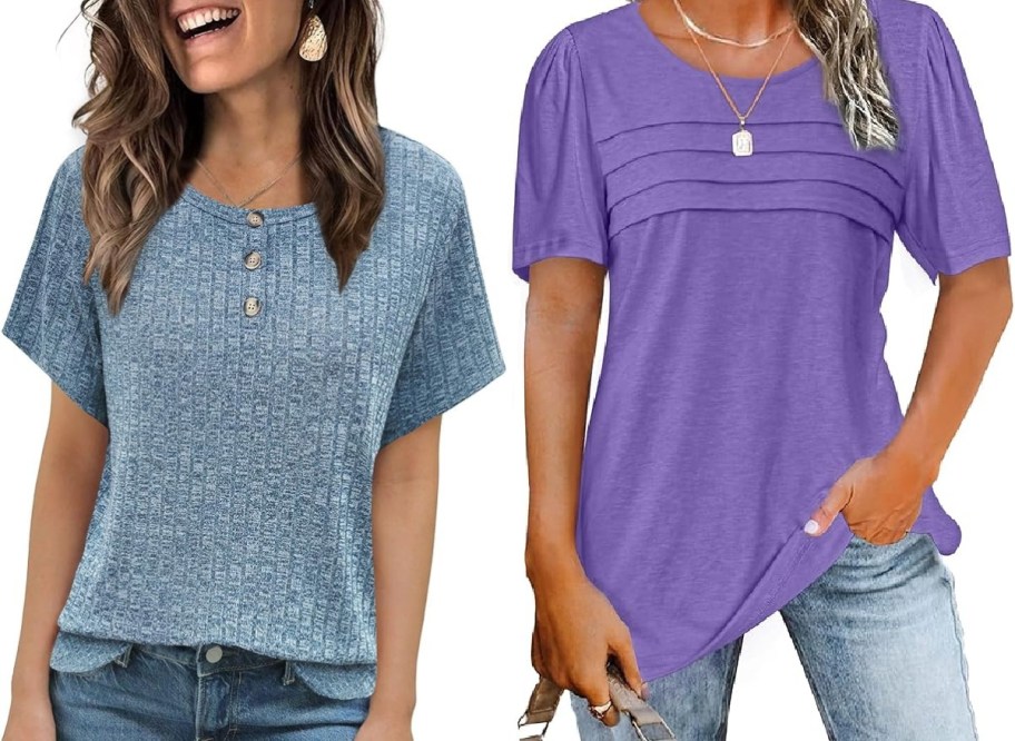 Two women in casual tops and jeans. The woman on the left wears a blue buttoned top, smiling, while the one on the right has a purple top with pleats.