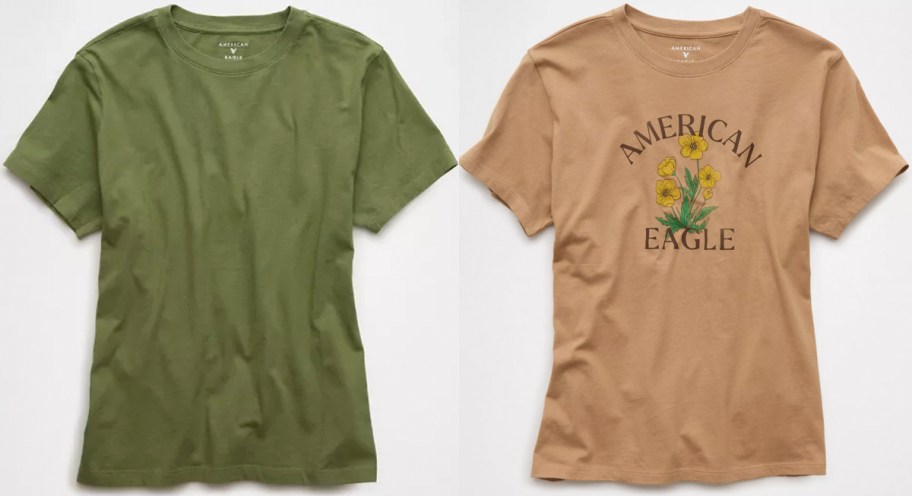 green and tan american eagle tees