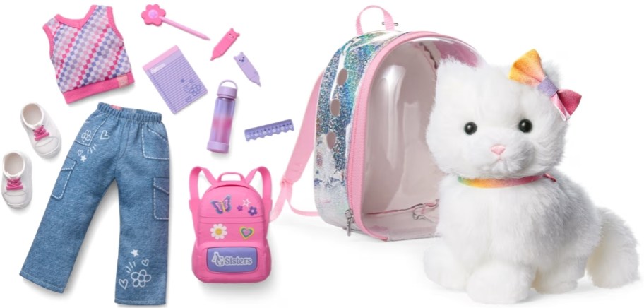doll clothing set and pet cat with backpack