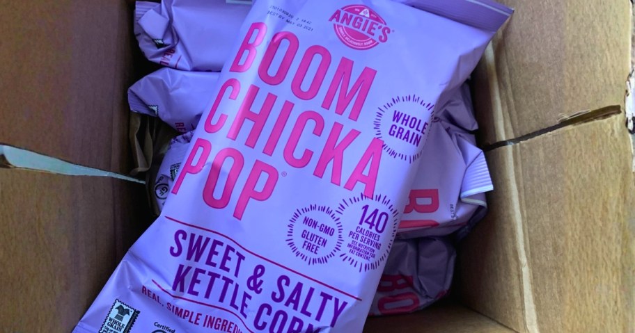 individual bags of Angie's BoomChickaPop in a box