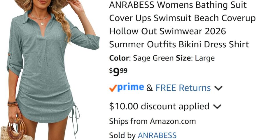woman wearing green swim coverup next to Amazon pricing information