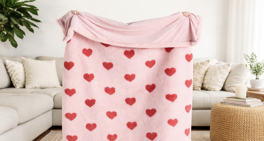 holding anthro heart blanket 