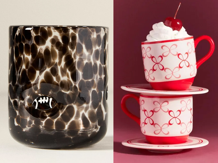 brown football glass and red and white saucer cups 