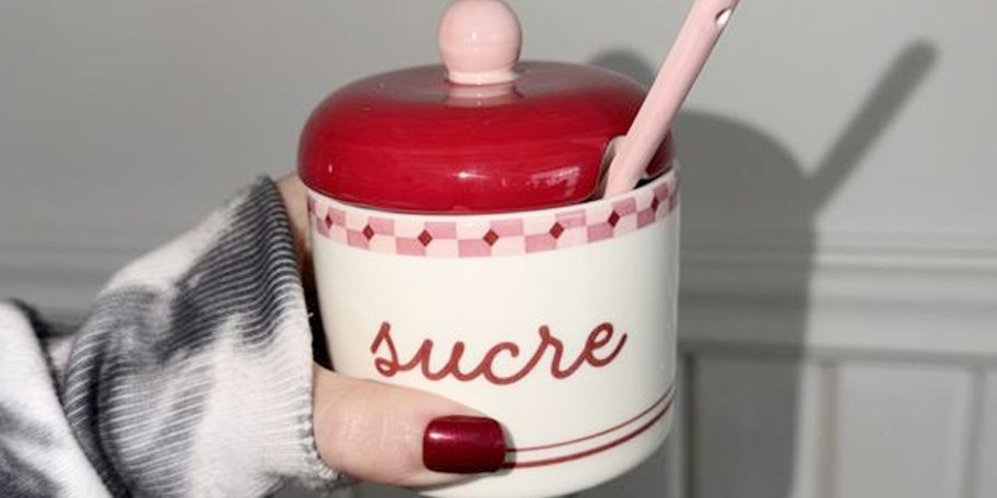 hand holding white and red sucre bowl 