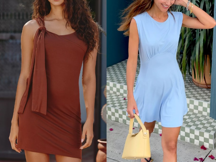 women wearing brown and blue dresses