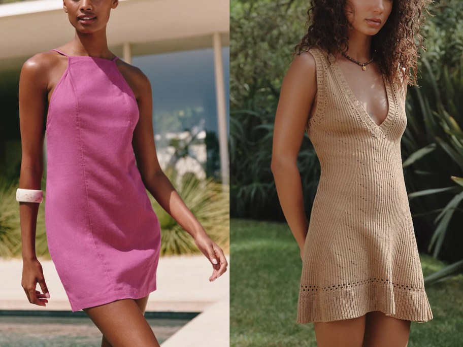 women wearing pink and tan dresses