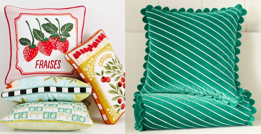 fruit print and green pillows 
