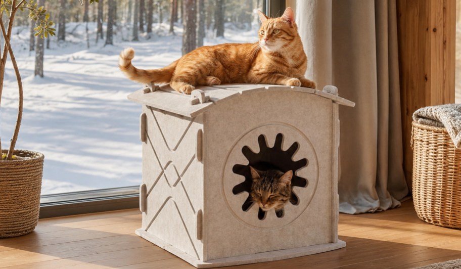two cats lounging by a foldable cat house