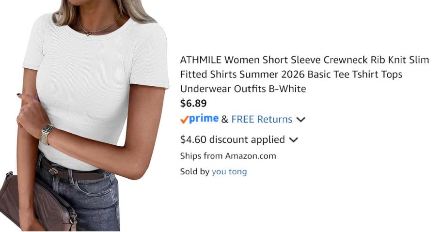 woman wearing white shirt next to Amazon pricing information