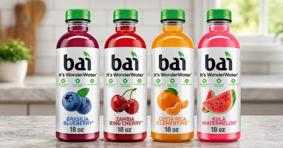 four Bai drink bottles on a counter