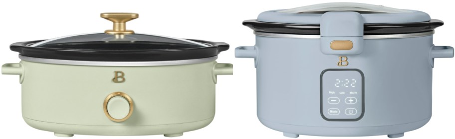 Two stylish slow cookers on display; the left is sage green with a gold knob, and the right is pale blue with a digital display panel.