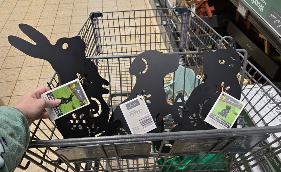 bunny, dog, and cat stakes in cart 