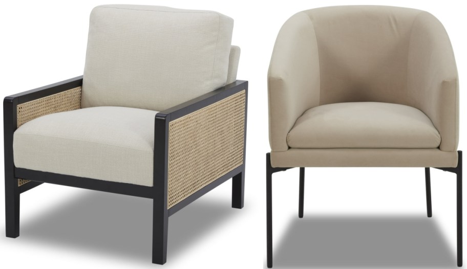 Two modern armchairs: left chair has cream cushions with black frame and rattan sides; right chair features beige upholstery and slender black legs.