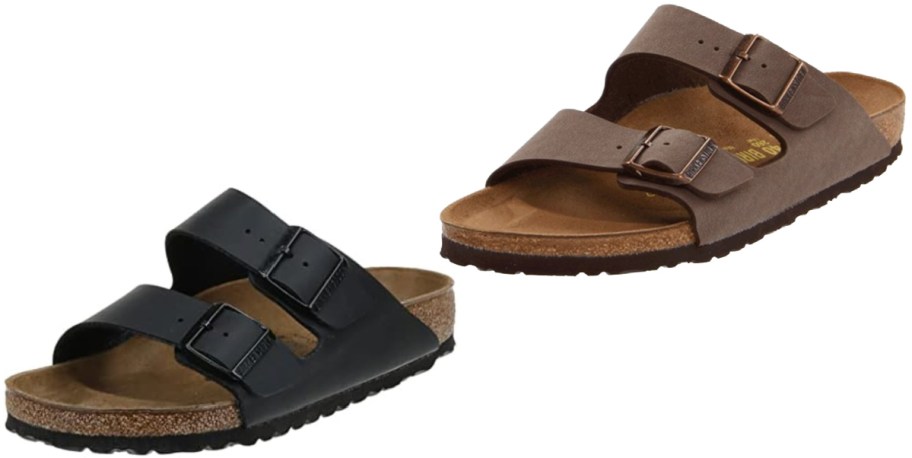Two pairs of sandals with cork soles and wide straps, one in black and one in brown, set against a plain white background.