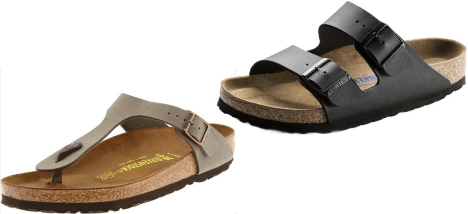 Two pairs of Birkenstock sandals: a taupe thong sandal with buckle and a black double-strap sandal. Both have cork soles.