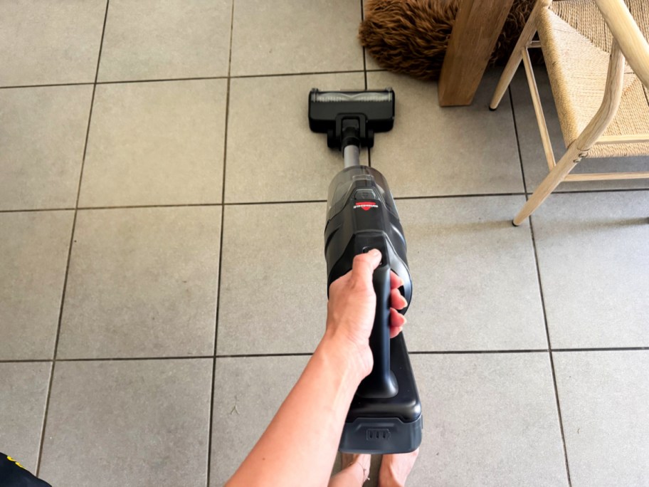 hand holding a vacuum cleaner and using it on the floor near a dog