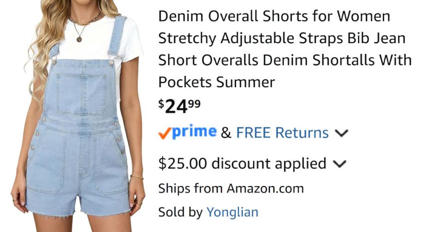woman wearing overall shorts next to Amazon pricing information